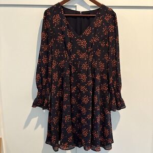 Ann Taylor Dress Womens 6 Navy Blue Floral V-Neck‎ Long Sleeve Lined A-Line